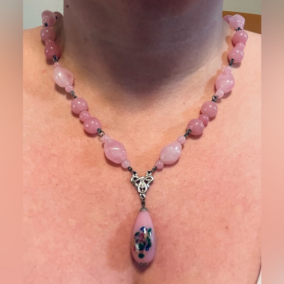 Vintage Handpainted Pink Stone Necklace - Picture 1 of 11